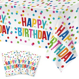 Miucat 3pcs Birthday Tablecloth, Happy Birthday Decorations Set, Colorful Rainbow Dots Design with Happy Birthday Tablecloth. Waterproof Plastic Table Covers for Boys/Girls Party 54X108inch
