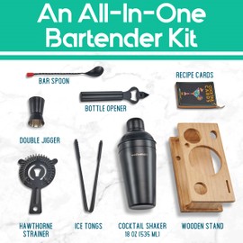 Mixology & Craft Bartender Kit - 8-Piece Black Matte Cocktail Shaker Set with Pine Wood Stand, Recipe Cards, and Bar Accessories Ideas