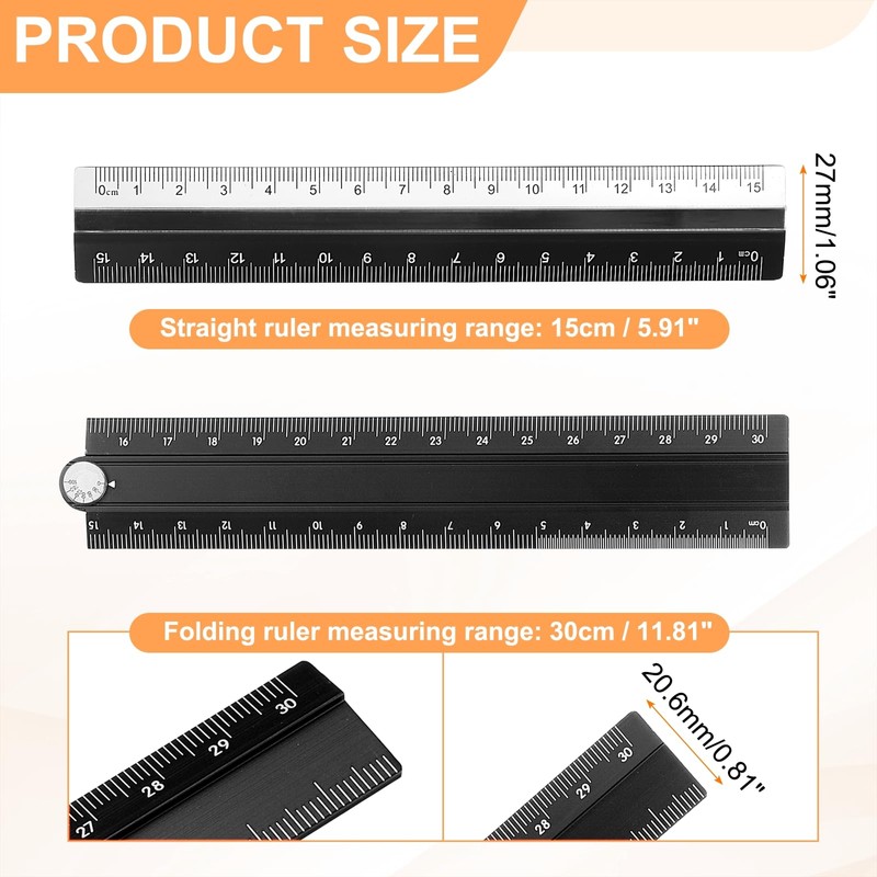 sourcing map Folding and Straight Ruler Kit 30/15cm Metric Aluminum
