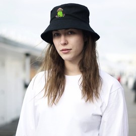 Mushroom Frog Embroidery Black Bucket Hat Beach Sun Hat Fishing Hat for Women Men Summer Sun Protection Fisherman Hat