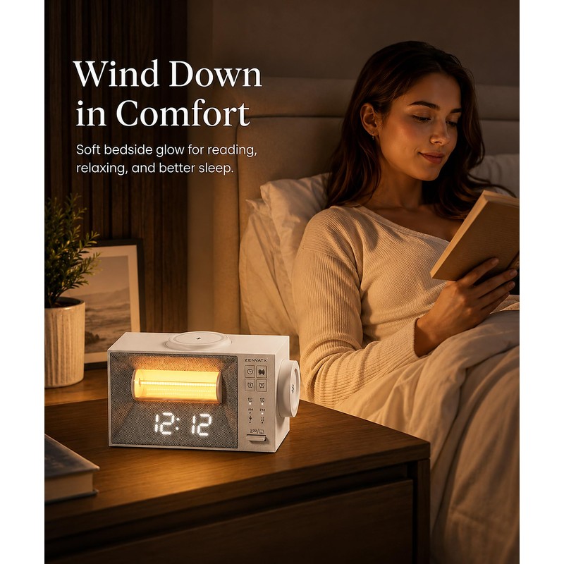 Sound Machine Alarm Clock with Wireless Charger for Bedroom, Hotel