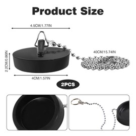 Pack of 2 Bath Plugs, Drain Plugs, Sinks, Drain Plugs, Bathtubs, Plugs for Sink, Sink Plug, Drain Plug, Bathtub, Sink Plug with 40 cm Chain, Bathroom Kitchen