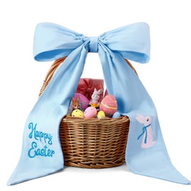 Maysing Embroidery Easter Basket Bow Happy Easter Bunny Bow 11.8 x 19.7 Inch Blue Cotton Bows for Wreaths Baskets Tree Decorations for Spring Home Front Door Outdoor