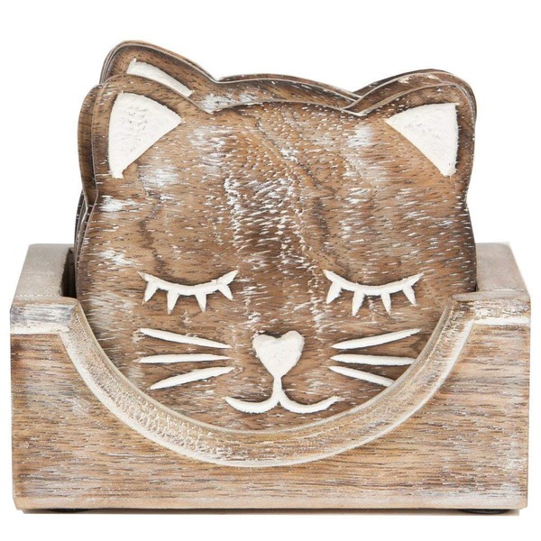 NIRMAN Wooden Crafted Unique Adorable Cat Shaped Coasters Set of