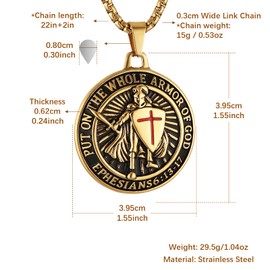 HZMAN Knights Templar Put On The Whole Armor of God Ephesians 6:13-17 Red Cross Design Stainless Steel Necklace for Men Jewelry Gift (Gold)