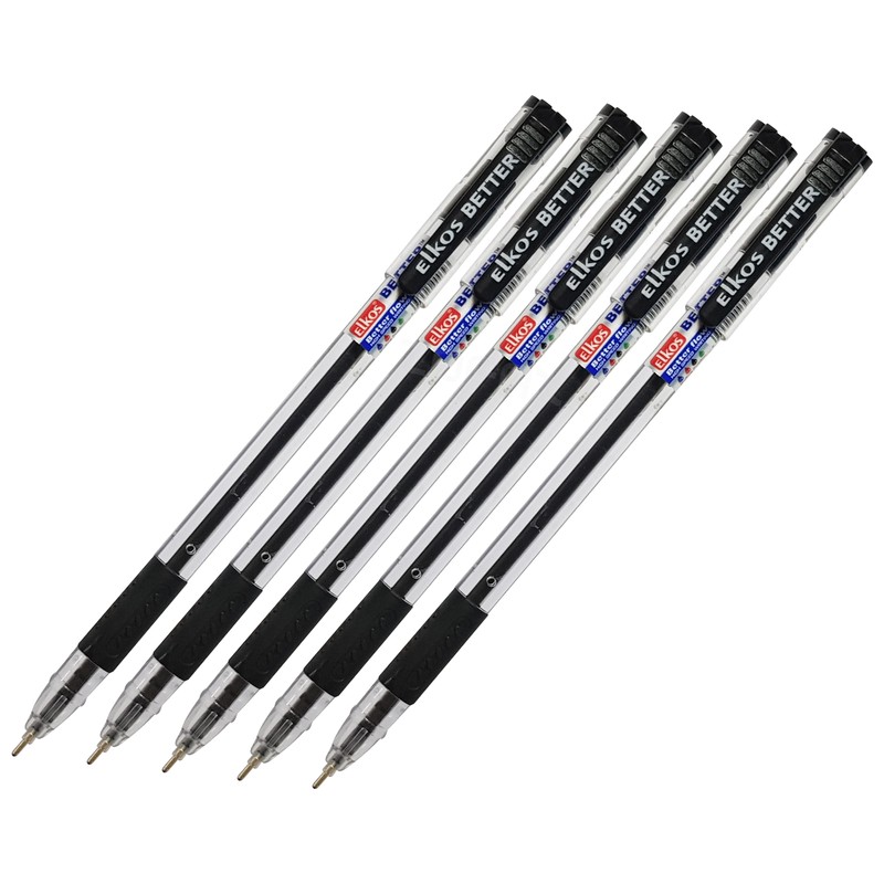 ELKOS BLACK Ballpoint Pens, 0.7mm Fine Point, Pack of 5,
