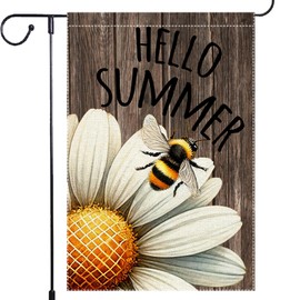 Hello Summer garden Flag 12x18 inch Burlap Double Sided, Bee Chamomile Garden Flags Home Yard Outdoor Lawn Decor Rustic Farmhouse Decorations