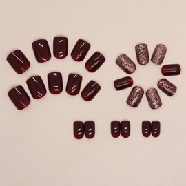 Square Press on Nails Short Fake Nails with Glitter Designs Burgundy Nails Press ons Glossy Glue on Nails Acrylic False Nails Full Cover Artificial Stick on Nails for Women 24Pcs