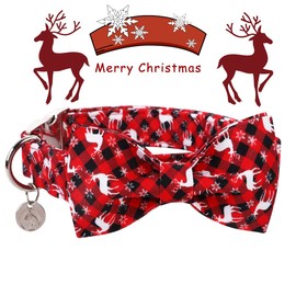 DOGWONG Christmas Dog Collar with Bow tie, Red Plaid Deer Dog Collar Soft Durable Adjustable Cotton Puppy Collar for Small Medium Large Dog