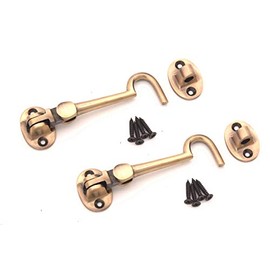 Infinity Decor Pack of 2 Cabin Hook and Eye Solid Brass - Silent Door Latch Lock for Window, Garden Gate, Door - 4" 100mm (Antique)