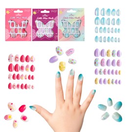 Kawyehu 72PCS Press on Nails for Kids 3 PACK Almond Children Fake Nails Adhesive Full Cover Short False Fingernails for Girls Kids Nail Decoration (Sea Flower Love)
