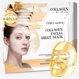 Pack of 4 24K Golden Collagen Mask, Silk Peptide Intensive Gold Overnight Mask, Overnight Moisturising Mask Face, Anti-Ageing, Hydrating, Anti Wrinkle, Youth Skin