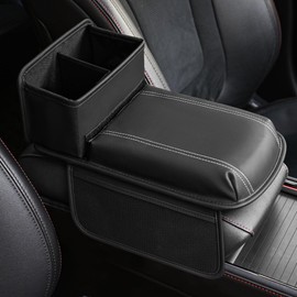 Qirc Car Armrest Cushion, Upgraded PU Leather, Car Armrest Cover with Cup Holder and Storage Bag, Universal Memory Foam Center Console Pad for Car/Truck/Car/SUV (Black)