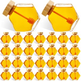Sunnyray 8 Pcs Glass Honey Jars with Dipper Hexagonal Clear Glass Dispenser Small Honey Containers Bottle with Wooden Dipper and Cork Lid for Home Storage Kitchen (220 ml)