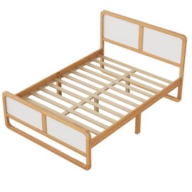 FRITHJILL Full Size Bed Frame with Headboard, Modern Wood Platform Bed, No Box Spring Needed, 440lbs Weight Capacity, Sturdy Pine Wood Construction, White & Natural Finish, for Bedroom & Guest Room