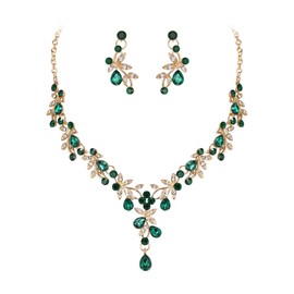 Clearine Wedding Jewellery Set for Women Bride, Y Necklace Dangle Earrings Set Impressive Crystal Teardrop Leaf Flower Cluster Prom Jewellery for Bride Bridesmaid Emerald Gold Tone, Crystal