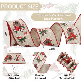 JarThenaAMCS Christmas Wired Edge Ribbon Red Cardinal Bird Pine Berry Ribbon Xmas Fabric Ribbon for Winter Wreath Bow Making DIY Crafts Gift Wrapping, 12 Yard