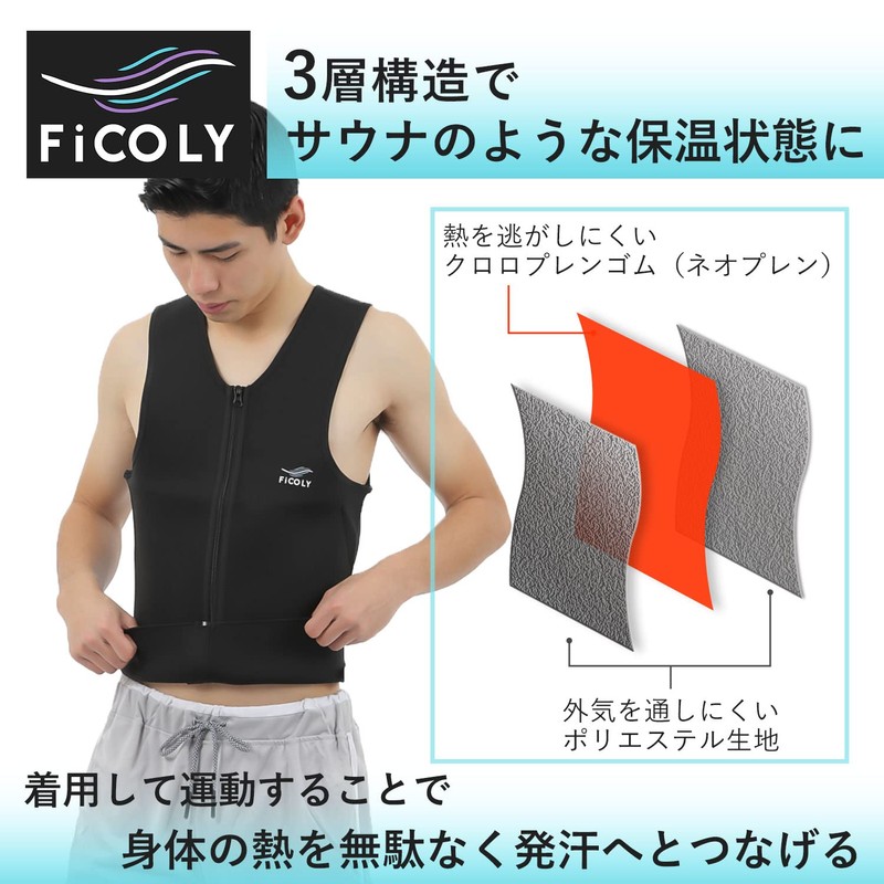 FiCOLY Sauna Suit Vest, Men's, Large Size, Sweat Training, Tank