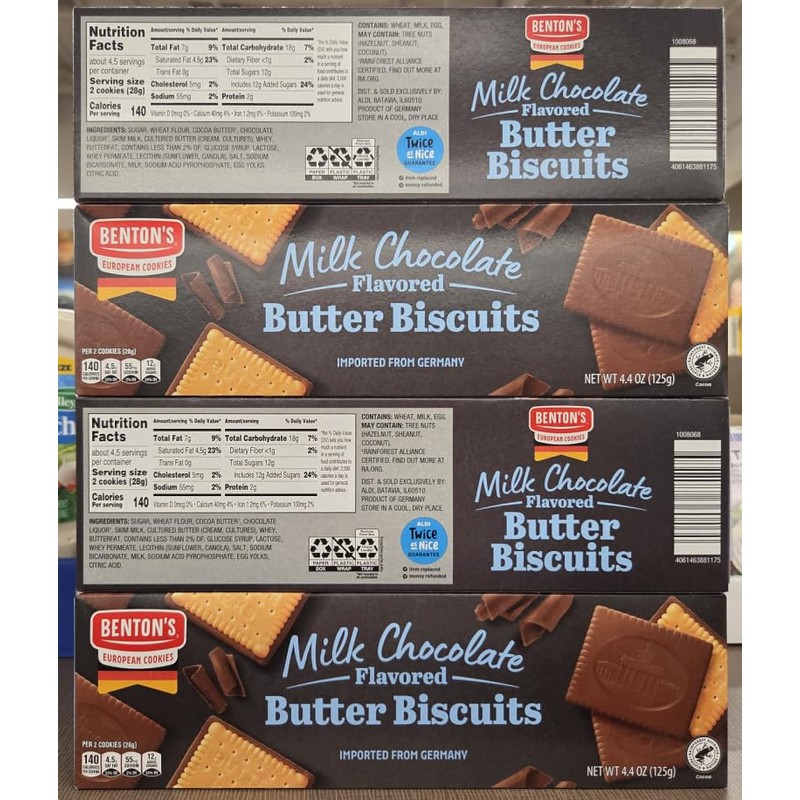 Bentons Milk Chocolate Flavored Butter Biscuits 4.4oz 125g (Four Boxes)