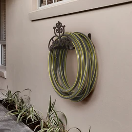 MyGift Brown Heavy Duty Cast Iron Outdoor Garden Hose Hanger Wall Mounted Water Hose Holder Reel with Vintage Scrollwork Design