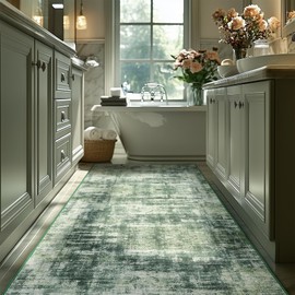 2.6x8 Hallway Runner Rug Washable Kitchen Non Slip Area Rugs Green Modern Abstract Throw Rugs Stain Resistant Low Pile Rug for Entryway, Laundry, Bathroom