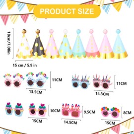 Xugoox 16 Pcs Happy Birthday Party Hats Birthday Sunglasses Pom Pom Assorted Boys Girls Rainbow Birthday Hat and Glasses Paper Cone Hats for All Ages Birthday Party Favors Decor Photo Props