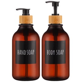 Segbeauty Soap Dispenser, 2 Pieces 500 ml Soap Dispenser Set with Bamboo Pump and Waterproof Labels, Plastic Refillable Shampoo Conditioner Lotion Hand Soap Bottle for Kitchen and Bathroom, Amber