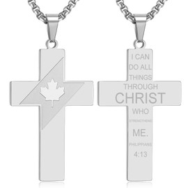 HSWYFCJY Silver Canada Flag Cross Necklace for Men,Philippians 4:13 Christian Scripture Bible Verse Holy Pendant Necklace First Communion Confirmation Gifts for Boys(24 inches)