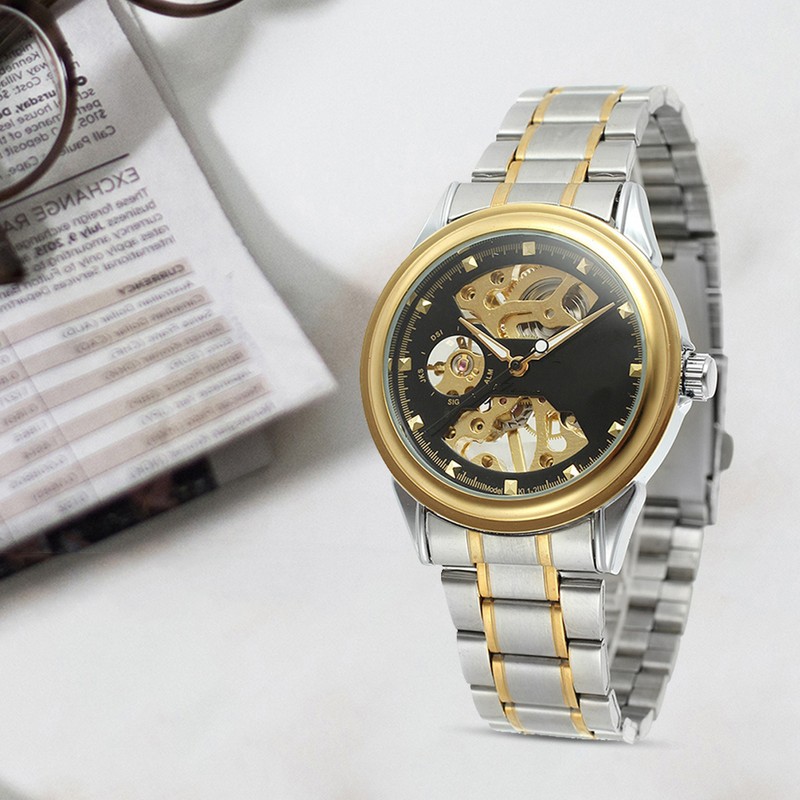 WINNER Men Hollow Mechanical Waterproof Watch Wristwatch (Black Dial Gold