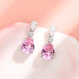 AOWVUTS Silver Drop Earrings For Women, Pink Crystal Teardrop Earrings Sparkly Zirconia Dangle Earrings Hypoallergenic Dangly Earrings Jewellery Gift for Anniversary Birthday Christmas