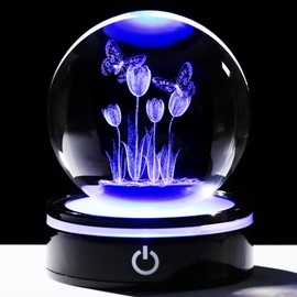 YWHL 3D Tulips Flower and Butterfly Figures Crystal Ball with Colorful Light Base, Tulips Butterfly Gifts for Women on Birthday, Gifts for Tulip Lovers, Home Decor (80mm)