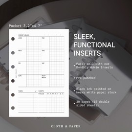 Cloth & Paper Weekly Admin Planner Inserts | Pocket Size 3.2 x 4.7 Inches | 6 Ring Punch | Monday Start | Minimalist Weekly Agenda Refill | Task List & Habit Tracker Planner Pages for Pocket Planners