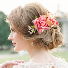 Fangsen Wedding Pink Artificial Rose Flower Floral Comb With Spring Wedding Hair Piece luxe Bohemian Halos and Intricate Wedding Hair Vines Silver