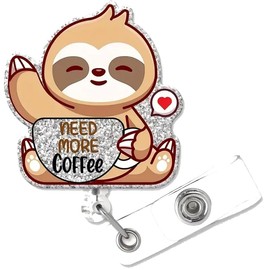 Retractable Badge Reel, Cute Sloth Coffee Design, ID Card Holder for Healthcare Workers