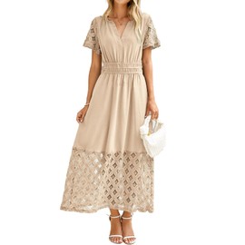 Simplee Womens Summer Lace Maxi Dresses Casual Short Sleeve Long Flowy Boho Dresses with Pockets (Beige S)