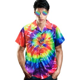XonyiCos Hippie Costume for Men Women 60s and 70s Colorful Tie-Dyed Shirt Sunglasses Headband Peace Necklace 4-Piece Theme Party (Tie-dye 4 Piece Set, Small)