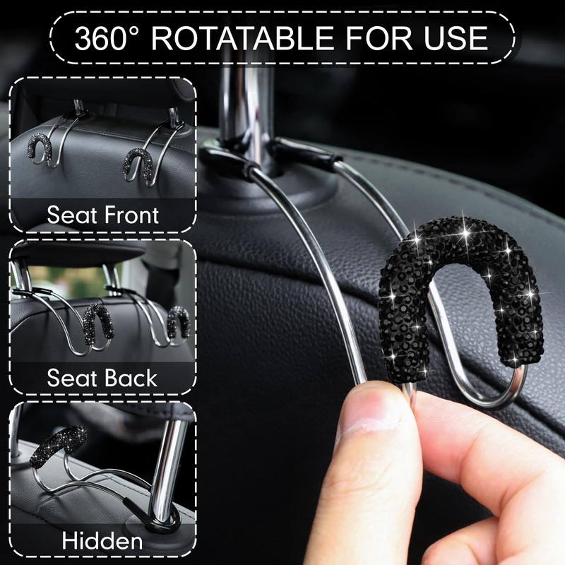 Soleebee 2 Pack Bling Car Headrest Hooks Crystal Rhinestones Universal