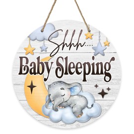 Shhh Baby Sleeping Front Door Sign, Elephant Moon Cloud Stars Wood Door Hanger Nursery Kids Bedroom Decor, Infant Toddler Baby Boy Girl Room Rustic Wooden Wreath Indoor Wall Hanging Decoration