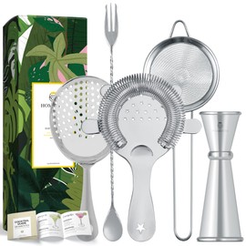 Homestia 5 Pieces Cocktail Strainer Set Stainless Steel Bar Tools With Stirring Spoon - Hawthorne Strainer, Julep Strainer, Fine Mish Stainer and Japanese Jigger for Drinks (Silver)