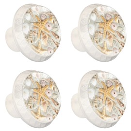 NEWzone 4 Pack Dresser Drawer Cabinet Knobs Seashells on a Sandy Beach Round Shape Crystal Glass Knobs Pulls Handles for Kitchen Wardrobe Cupboard Door Hardware with Screws, 35mm