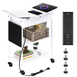 Bedside Nightstand with Wheels, End Table Side Table with 2 USB Ports 2 Outletscolor: White