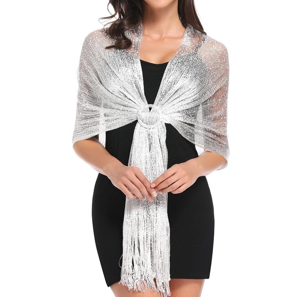 vimate Silver Shawl for Women, Glittering Metallic Shawl Scarf and Wraps for Evening Patry Dresses (Silver)
