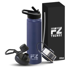 FZTRENDZ Insulated Water Bottle, 22 oz, Stainless Steel, Black and Blue, 3 Interchangeable Lids, Straw, Leak Free & BPA Free (Blue)