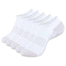 YUEVO SPORTS Women's Non-Slip Yoga Socks with Grip & Cushion - 5 Pairs Cotton Pilates Ankle Socks (White, UK Size 4-7)
