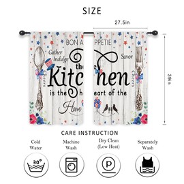 Riyidecor Independence Day 4th of July Kitchen Curtains Red Navy Blue Stars Patriotic Rustic Farm Floral Fork Spoon Rod Pocket Rusic Bedroom Living Room Treatment Fabric 2 Panels 27.5Wx39H Inch