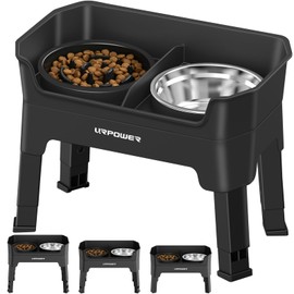 URPOWER Mess Proof Elevated Dog Bowls 4 Height Adjustable Raised Dog Bowl Stand with Stainless Steel Bowl, Slow Feeder & Licking Plate for Small, Medium & Large Dogs