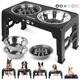 Jovrun Elevated Dog Bowls, Dog Feeder with 2 Stainless Steel Dishes &1 Slow Feeder Bowl, 5 Heights Adjustable Raised Stand for Medium Large, Food Dishes with Non-Slip Feet