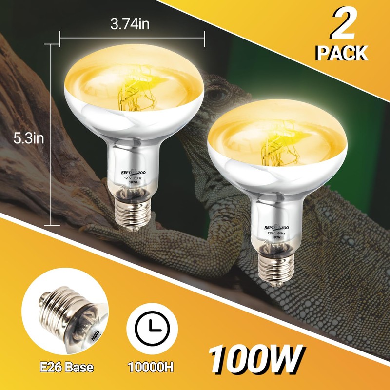 REPTI ZOO 2PACK Reptile Heat Lamp Bulb, 100W Full Spectrum