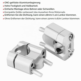 Motorcycle Clamp Riser, 1 Pair Handlebar Riser Motorcycle, 22 mm/28 mm CNC Aluminium Alloy Universal Motorcycle Handlebar Mount Clamps (Silver)