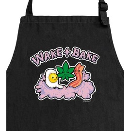 ThisWear Cute Kawaii Themed Gift Pot Leaf Bacon Eggs Wake and Bake Two Pocket Adjustable Bib Apron Black
